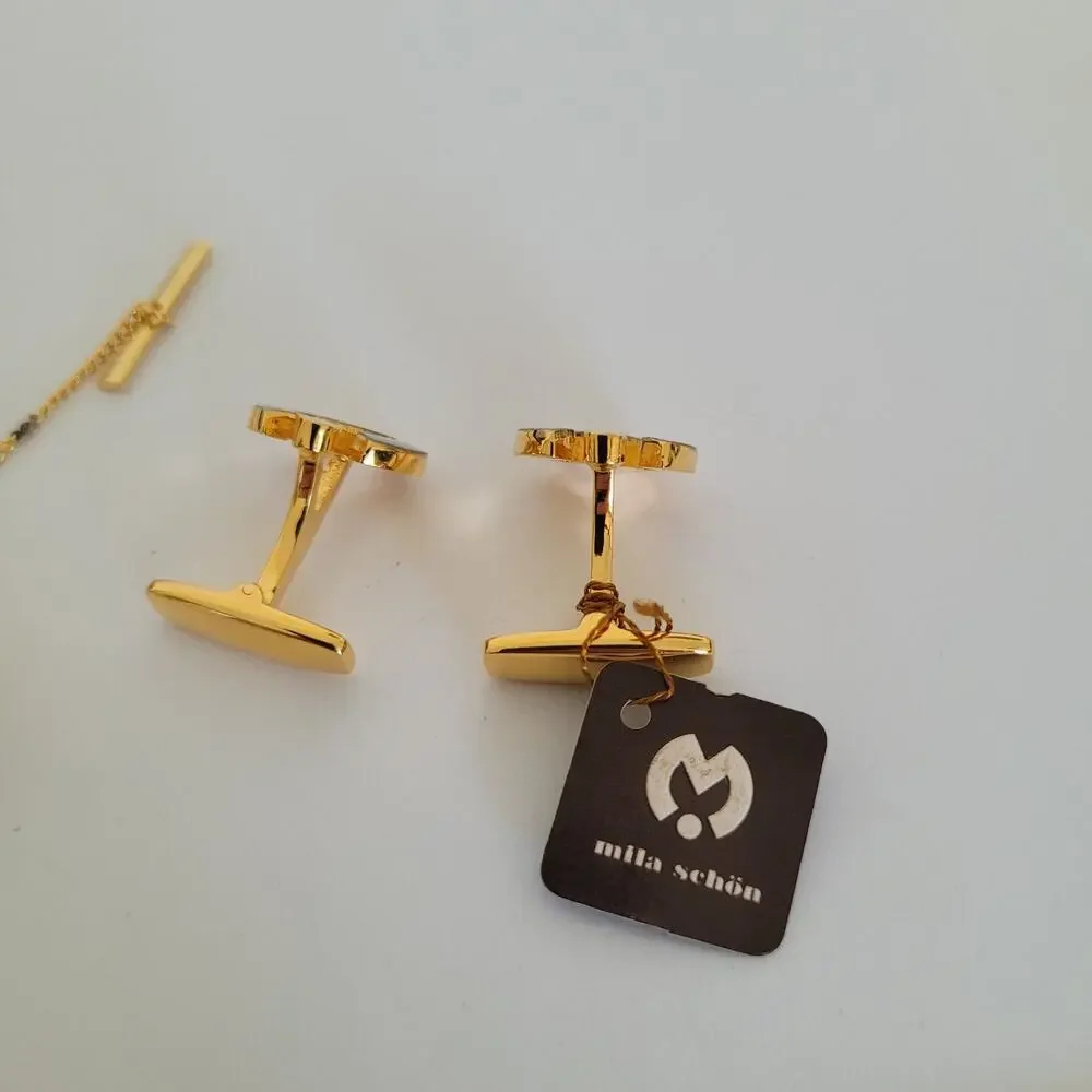 Mila Schon M Logo Tie Pin Clip‎ Cufflinks Set Gold Silver Tone Designer New